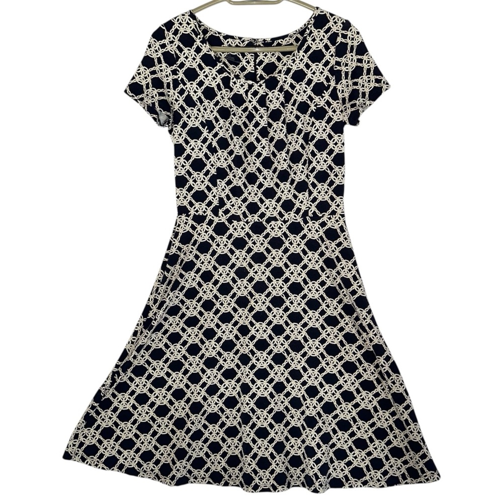 Talbots Navy Blue Gold and White Chain Link Patterned Midi Dress Fit And Flare S